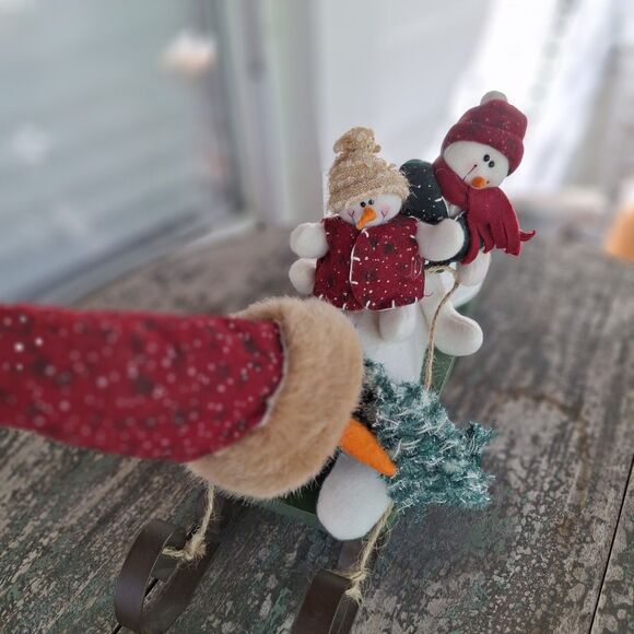 Handcrafted Snowman Wood Sled Ride 16" Christmas Holiday Decor - Picture 4 of 7